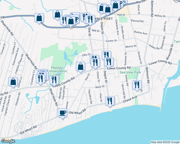 map of restaurants, bars, coffee shops, grocery stores, and more near 158 Sea Street in Dennis
