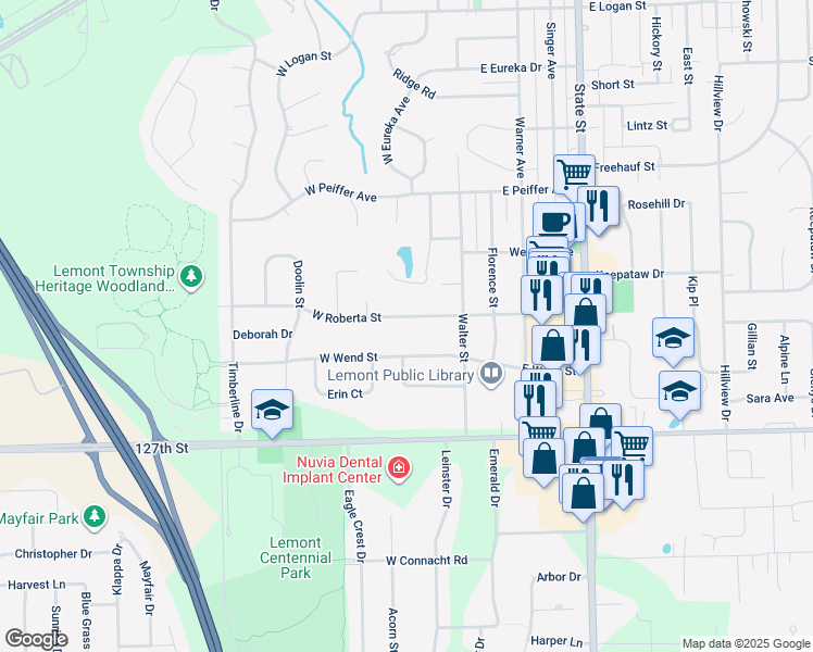 map of restaurants, bars, coffee shops, grocery stores, and more near 16 West Roberta Street in Lemont