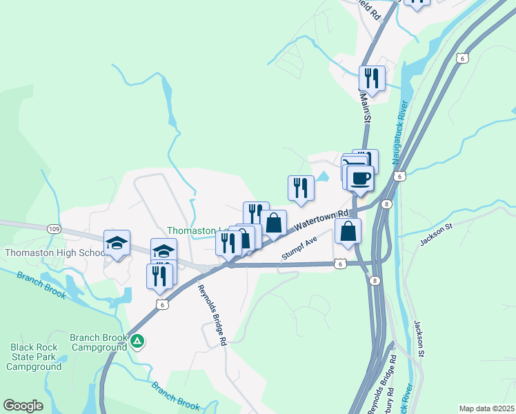 map of restaurants, bars, coffee shops, grocery stores, and more near 72 Leigh Avenue in Thomaston