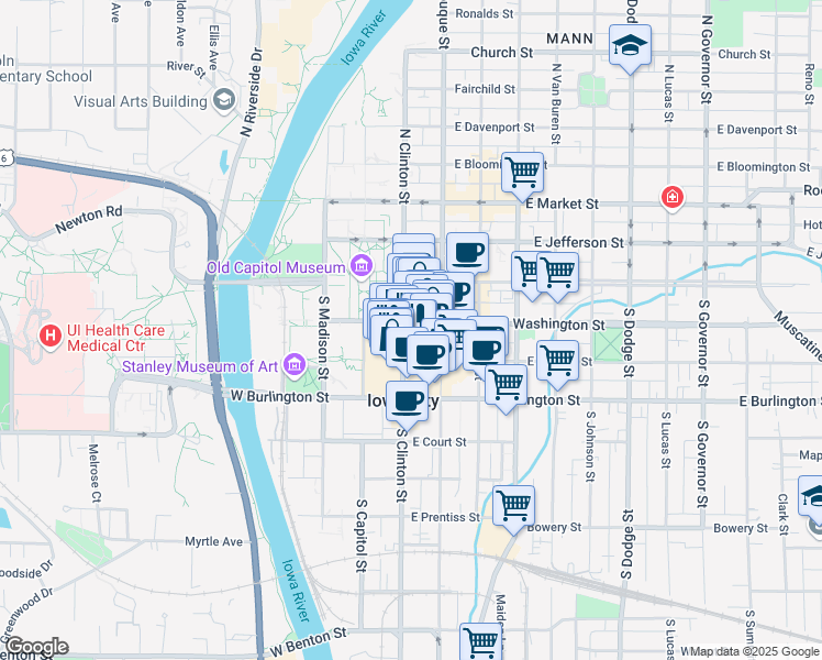 map of restaurants, bars, coffee shops, grocery stores, and more near in Iowa City