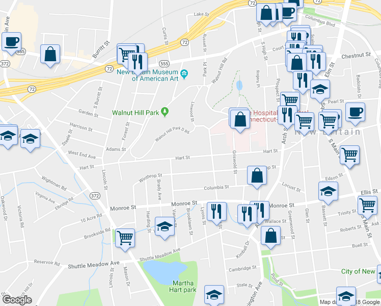 map of restaurants, bars, coffee shops, grocery stores, and more near 187 Hart Street in New Britain