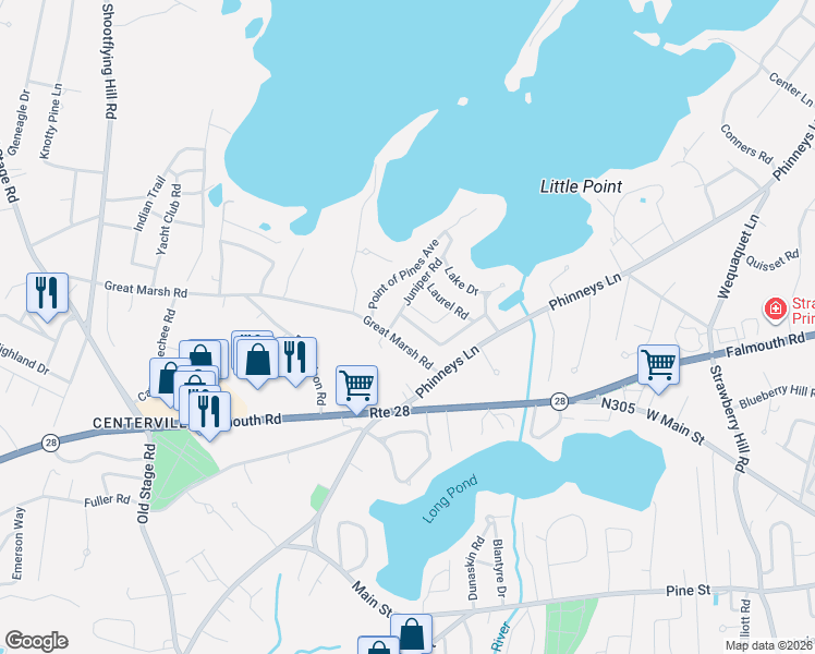 map of restaurants, bars, coffee shops, grocery stores, and more near 15 Brezner Lane in Barnstable
