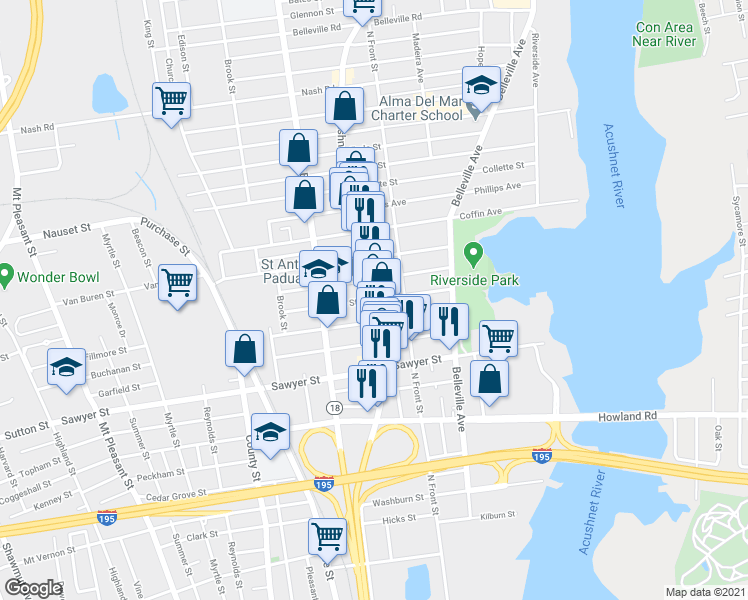 map of restaurants, bars, coffee shops, grocery stores, and more near 1357 Acushnet Avenue in New Bedford