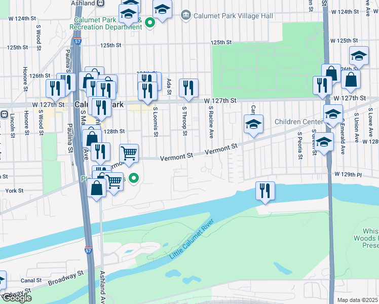 map of restaurants, bars, coffee shops, grocery stores, and more near 1233 Vermont Avenue in Calumet Park