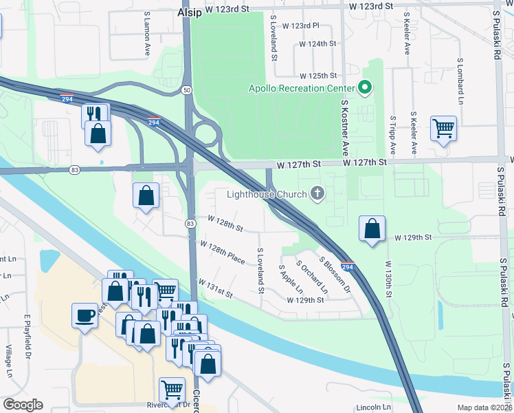 map of restaurants, bars, coffee shops, grocery stores, and more near 12730 South McDaniels Street in Alsip