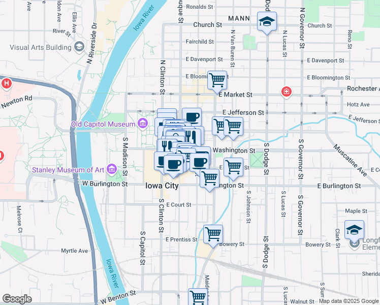map of restaurants, bars, coffee shops, grocery stores, and more near 221 East Washington Street in Iowa City