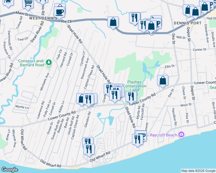 map of restaurants, bars, coffee shops, grocery stores, and more near 10 Cranberry Lane in Dennis