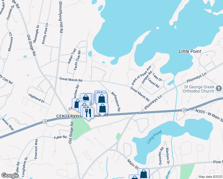 map of restaurants, bars, coffee shops, grocery stores, and more near 108 Richardson Road in Barnstable