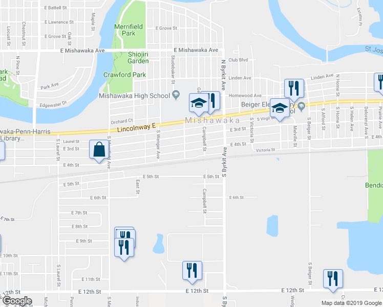 map of restaurants, bars, coffee shops, grocery stores, and more near 1209 East 4th Street in Mishawaka