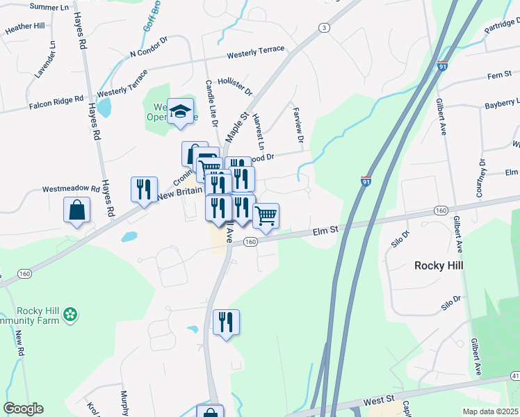 map of restaurants, bars, coffee shops, grocery stores, and more near 41 Little Oak Lane in Rocky Hill