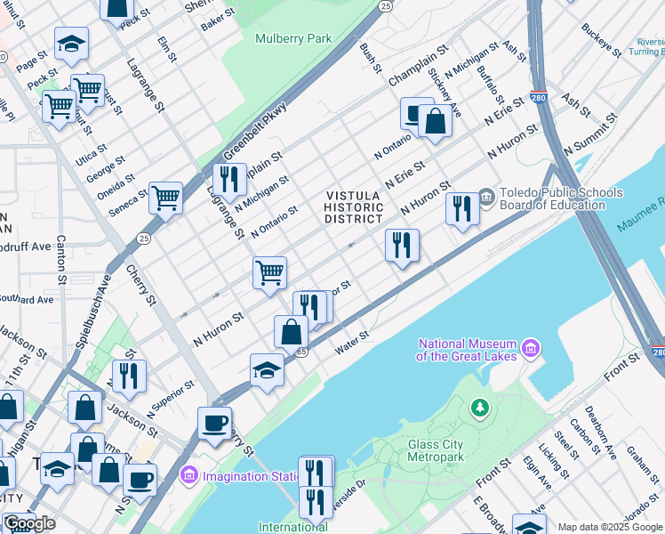map of restaurants, bars, coffee shops, grocery stores, and more near 1121 North Superior Street in Toledo