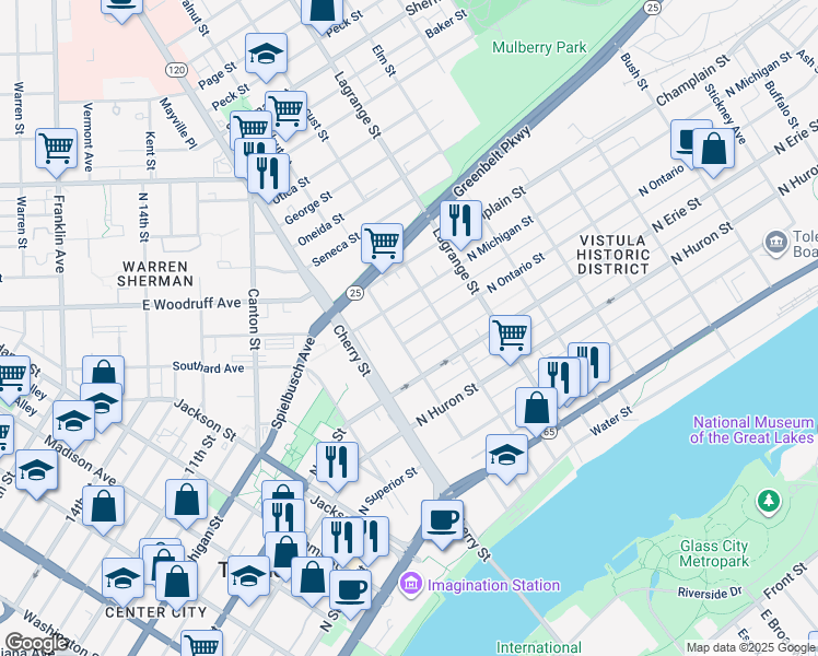 map of restaurants, bars, coffee shops, grocery stores, and more near 800 Walnut Street in Toledo