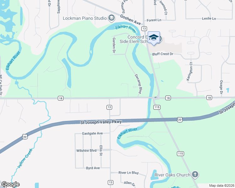 map of restaurants, bars, coffee shops, grocery stores, and more near 23556-23698 County Road 18 in Elkhart