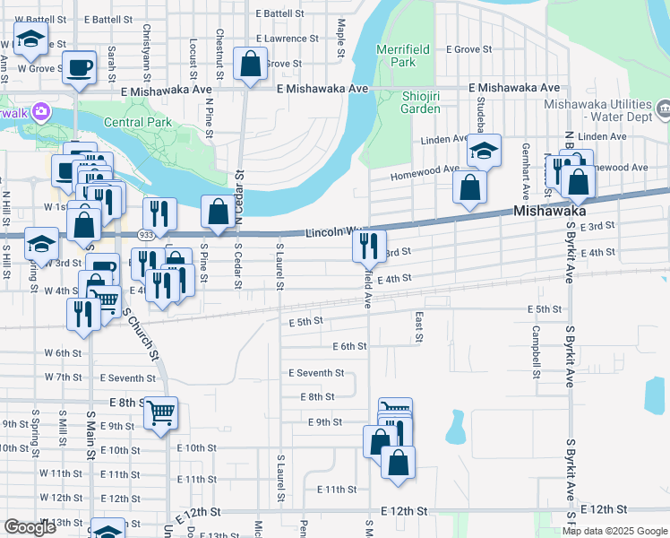 map of restaurants, bars, coffee shops, grocery stores, and more near 820 East 4th Street in Mishawaka