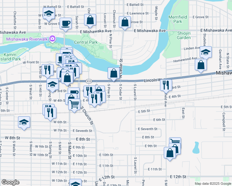 map of restaurants, bars, coffee shops, grocery stores, and more near 216 South Cedar Street in Mishawaka