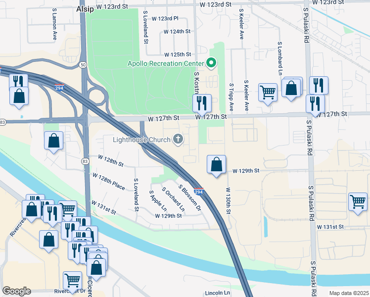 map of restaurants, bars, coffee shops, grocery stores, and more near 4501 West 127th Street in Alsip