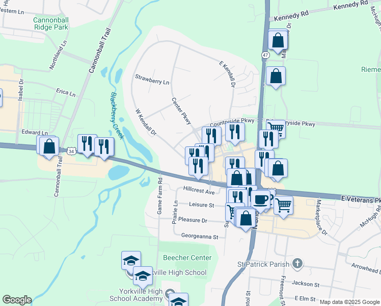 map of restaurants, bars, coffee shops, grocery stores, and more near 502 Powers Court in Yorkville