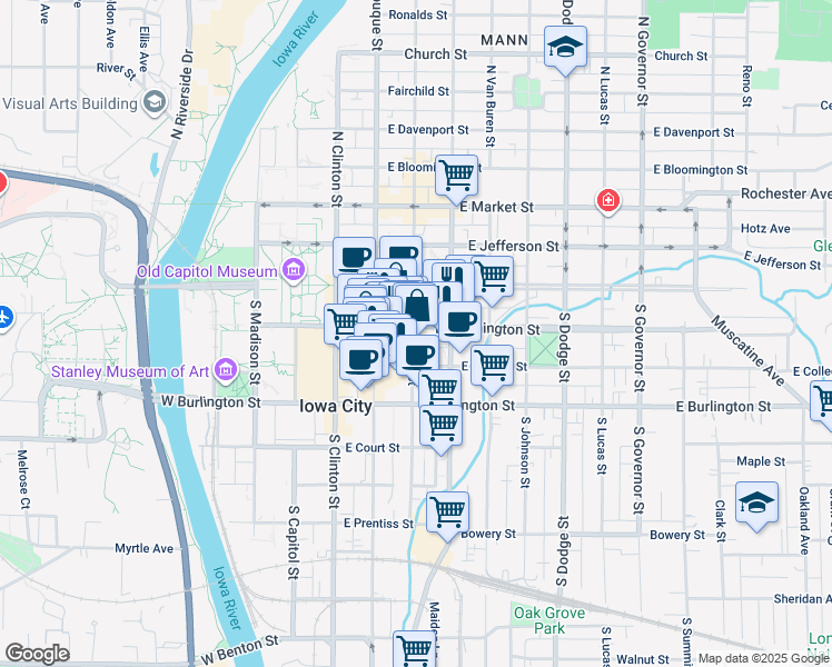 map of restaurants, bars, coffee shops, grocery stores, and more near 116 South Linn Street in Iowa City
