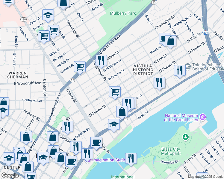 map of restaurants, bars, coffee shops, grocery stores, and more near 1001 North Erie Street in Toledo