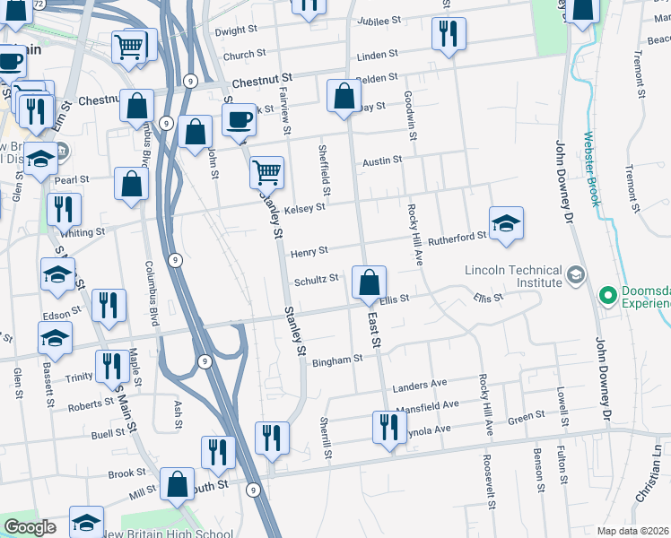 map of restaurants, bars, coffee shops, grocery stores, and more near 49 Schultz Street in New Britain