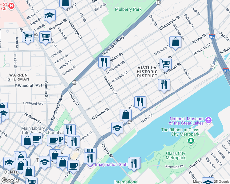 map of restaurants, bars, coffee shops, grocery stores, and more near 1001 North Erie Street in Toledo