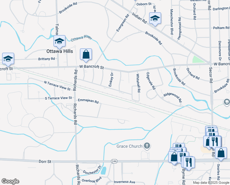 map of restaurants, bars, coffee shops, grocery stores, and more near 3825 Hillandale Road in Toledo