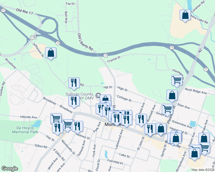 map of restaurants, bars, coffee shops, grocery stores, and more near 14 Sturgis Road in Monticello