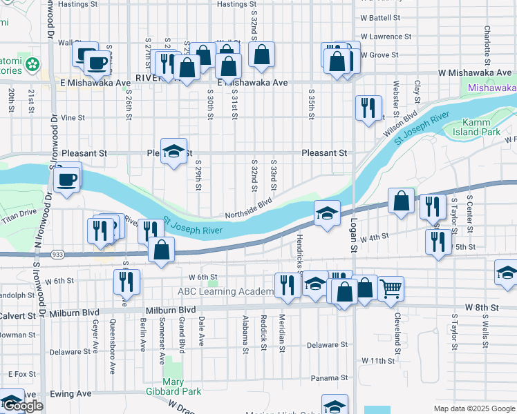 map of restaurants, bars, coffee shops, grocery stores, and more near 3222 Northside Boulevard in South Bend