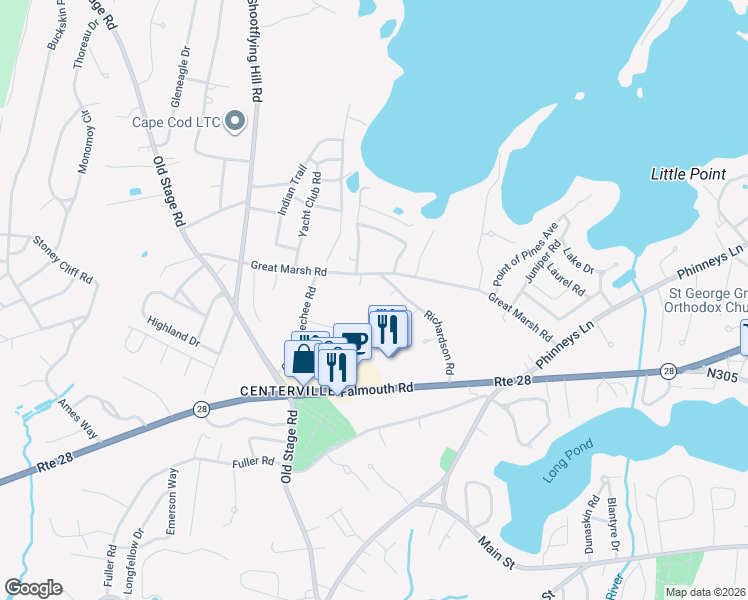 map of restaurants, bars, coffee shops, grocery stores, and more near 65 Crocker Street in Barnstable