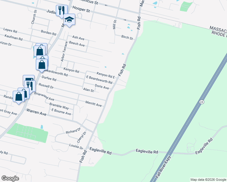 map of restaurants, bars, coffee shops, grocery stores, and more near 326 Fish Road in Tiverton