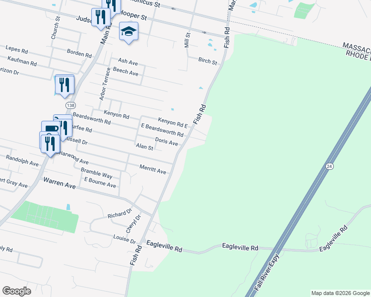 map of restaurants, bars, coffee shops, grocery stores, and more near 326 Fish Road in Tiverton