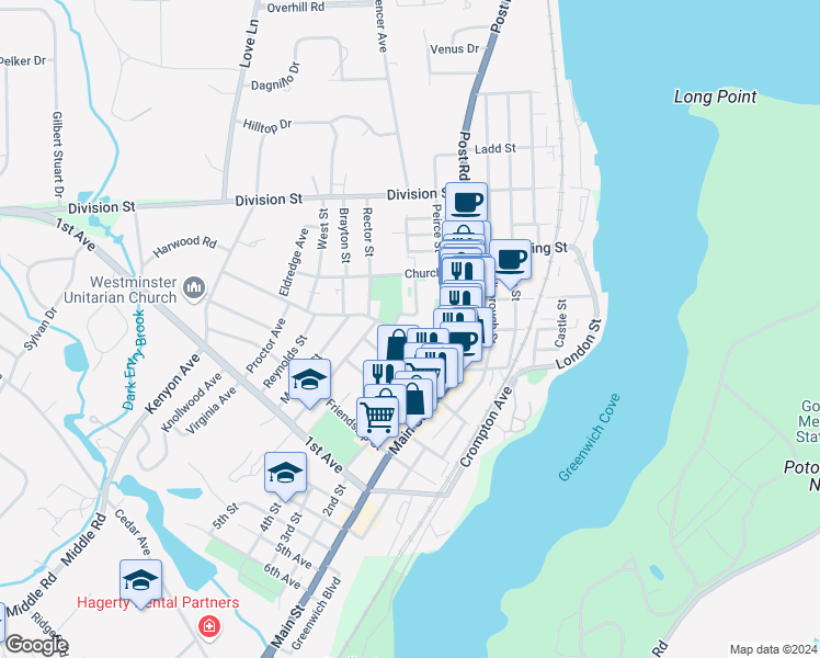map of restaurants, bars, coffee shops, grocery stores, and more near 57 Spring Street in East Greenwich