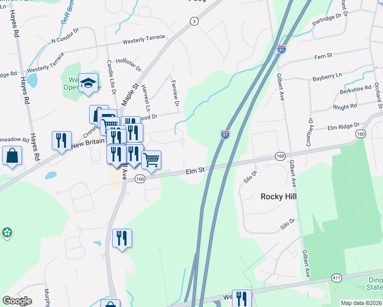 map of restaurants, bars, coffee shops, grocery stores, and more near 965 Elm Commons Drive in Rocky Hill