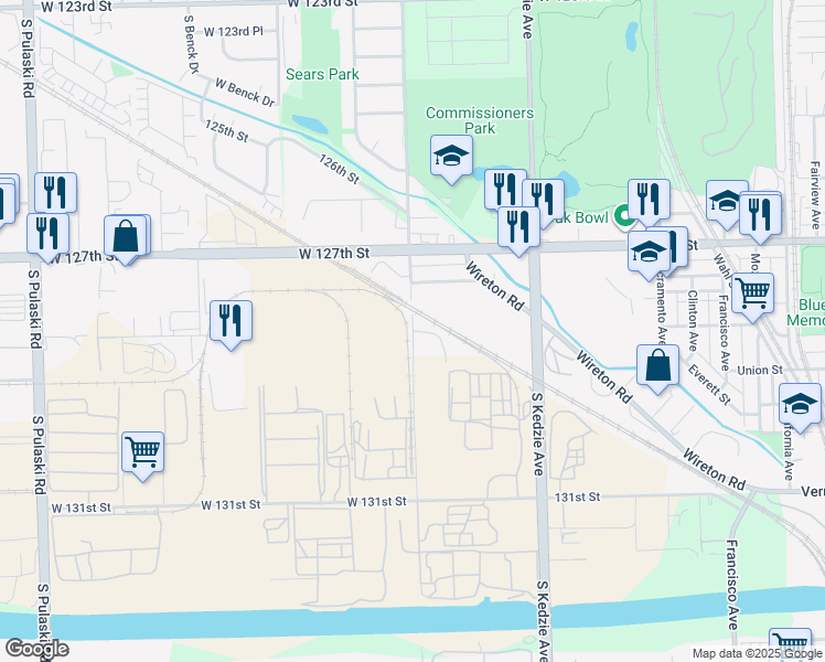 map of restaurants, bars, coffee shops, grocery stores, and more near South Homan Avenue in Alsip
