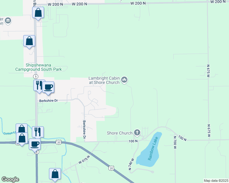 map of restaurants, bars, coffee shops, grocery stores, and more near 650 East Berkshire Drive in Shipshewana