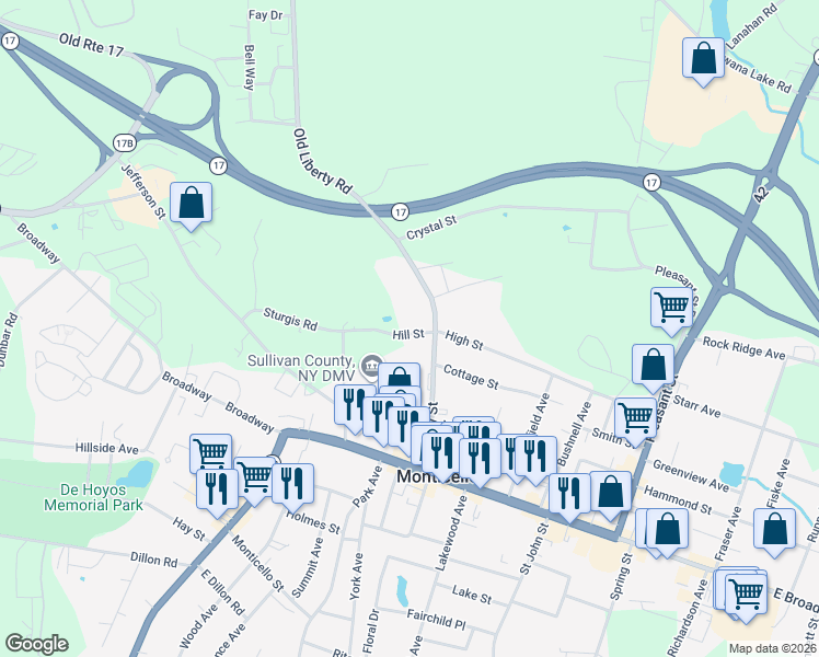 map of restaurants, bars, coffee shops, grocery stores, and more near 14 Sturgis Road in Monticello