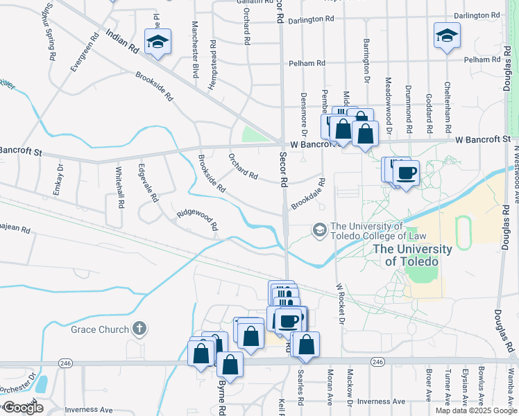 map of restaurants, bars, coffee shops, grocery stores, and more near 3336 Brookside Road in Toledo