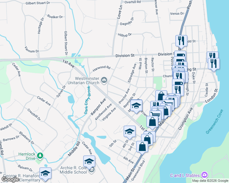 map of restaurants, bars, coffee shops, grocery stores, and more near 233 1st Avenue in East Greenwich