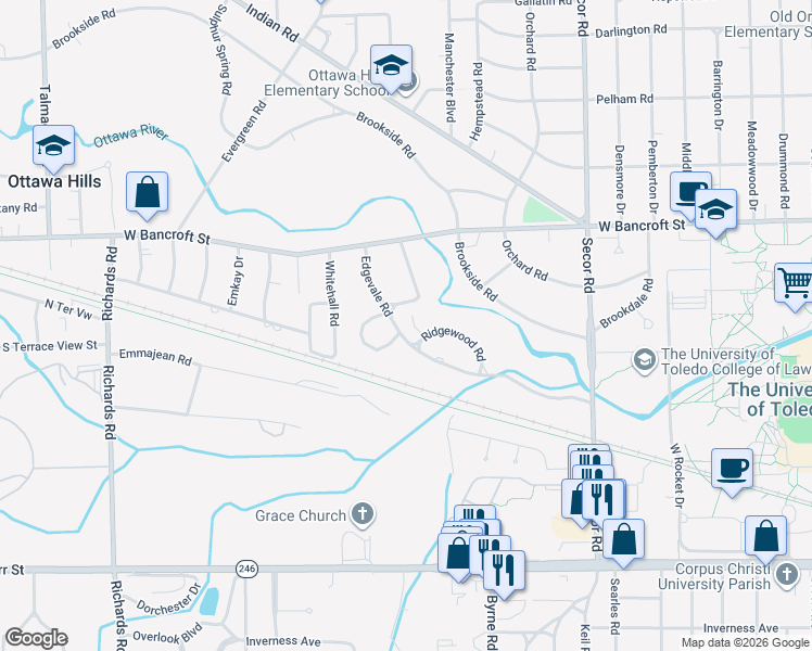 map of restaurants, bars, coffee shops, grocery stores, and more near 3 Canterbury Court in Toledo