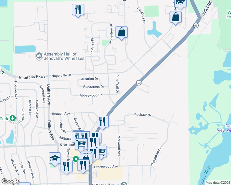 map of restaurants, bars, coffee shops, grocery stores, and more near 773 Pine Trail Drive in Romeoville