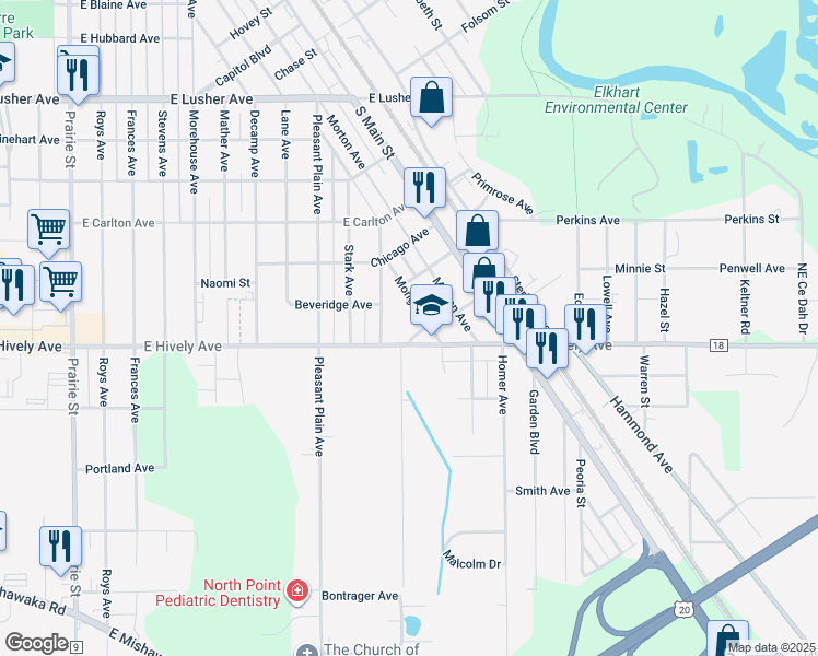map of restaurants, bars, coffee shops, grocery stores, and more near 1100 East Hively Avenue in Elkhart