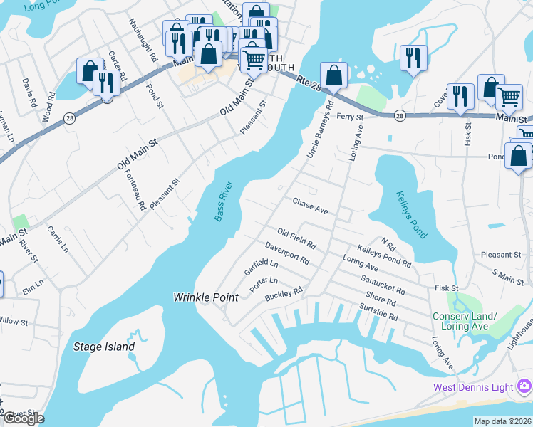 map of restaurants, bars, coffee shops, grocery stores, and more near 133 Uncle Barneys Road in Dennis