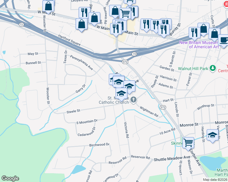 map of restaurants, bars, coffee shops, grocery stores, and more near 183 Steele Street in New Britain