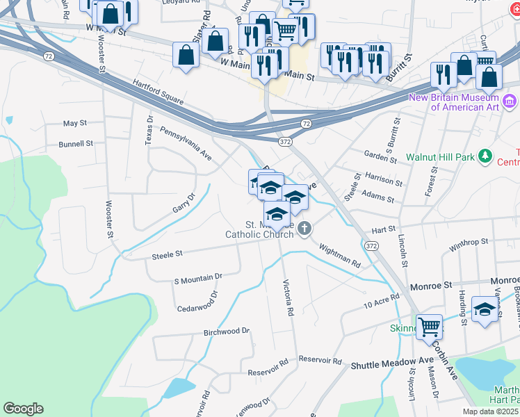 map of restaurants, bars, coffee shops, grocery stores, and more near 183 Steele Street in New Britain