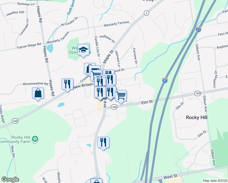 map of restaurants, bars, coffee shops, grocery stores, and more near 41 Little Oak Lane in Rocky Hill