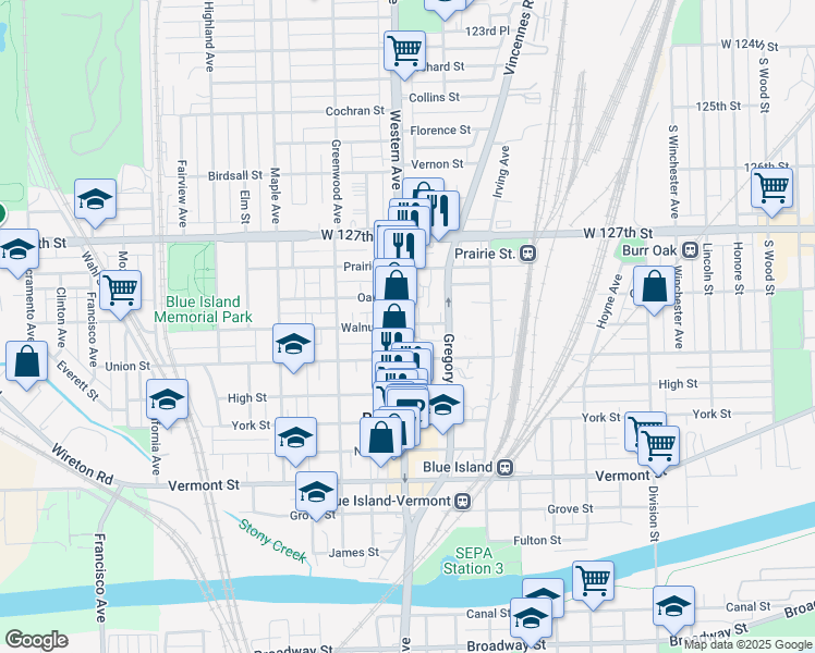 map of restaurants, bars, coffee shops, grocery stores, and more near 12821 Western Avenue in Blue Island