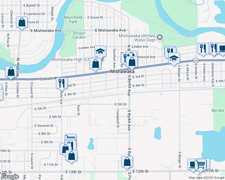 map of restaurants, bars, coffee shops, grocery stores, and more near in Mishawaka