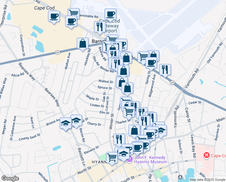 map of restaurants, bars, coffee shops, grocery stores, and more near 15 Mulberry Street in Barnstable