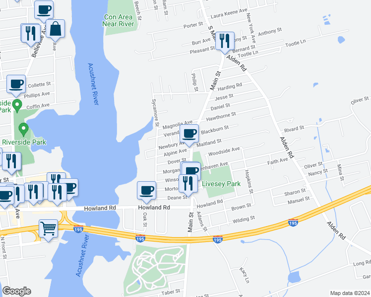 map of restaurants, bars, coffee shops, grocery stores, and more near 24 Dover Street in Fairhaven