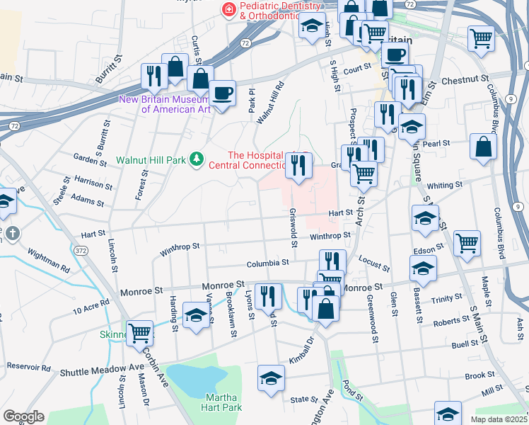 map of restaurants, bars, coffee shops, grocery stores, and more near 146 Hart Street in New Britain